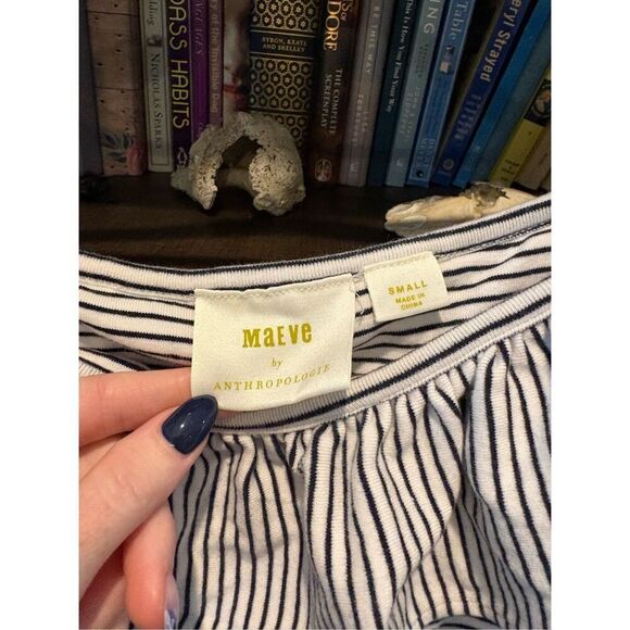 Maeve x Anthropologie Black & White Stripe Ruffle Neckline Blouse Size Small - Picture 3 of 5
